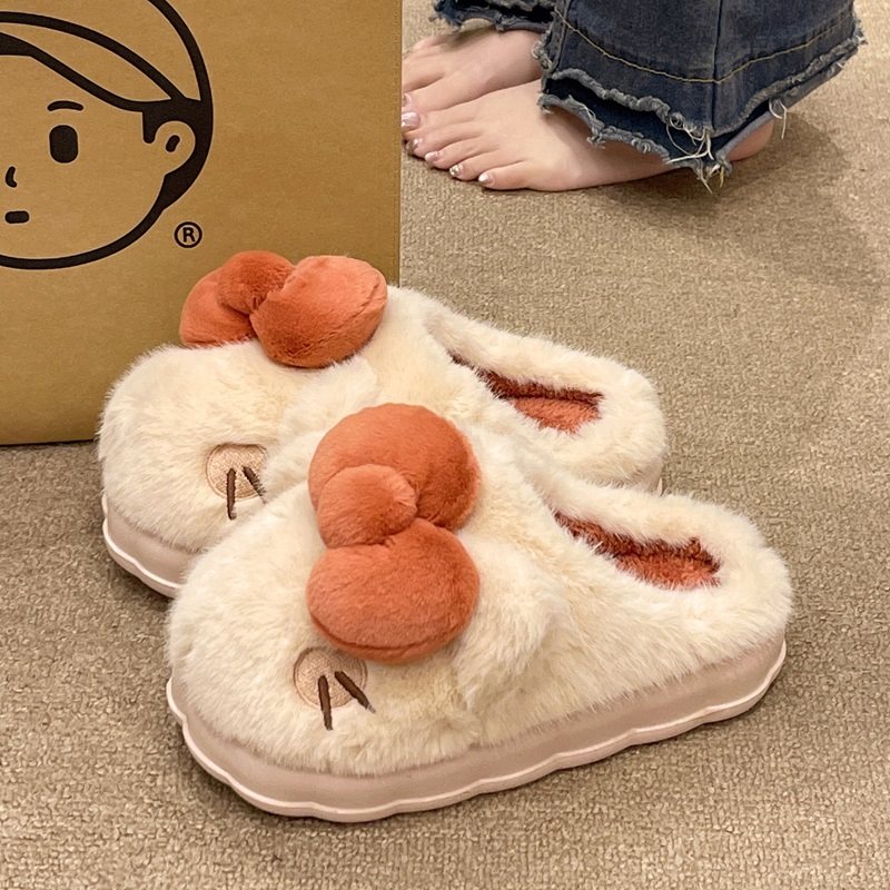 蝴蝶结猫咪棉拖鞋女冬季可爱室内家居厚底防滑保暖毛绒拖鞋可外穿,淘宝优惠券,粉丝福利购,淘宝优惠卷