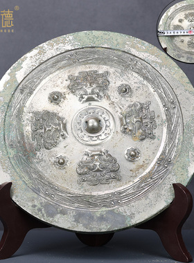 汉唐铜镜黑漆古青铜高锡圆形白银光海兽复古铜镜家居摆件鉴赏收藏