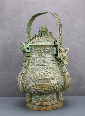 仿古做旧青铜器提梁卣盛酒器鸮卣提梁错金银神面摆件酒壶酒樽铜