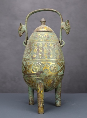 铜祥德制作博物馆古玩收藏青铜错金提梁盉家居特色礼品高档摆件