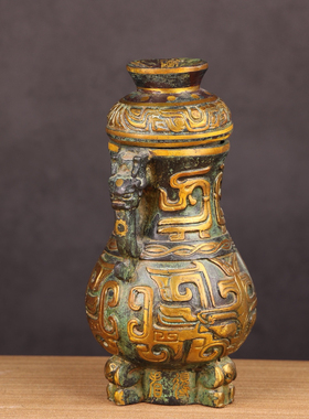 青铜器错金兽面纹壶仿古工艺品家居办公室装饰摆件古玩收藏