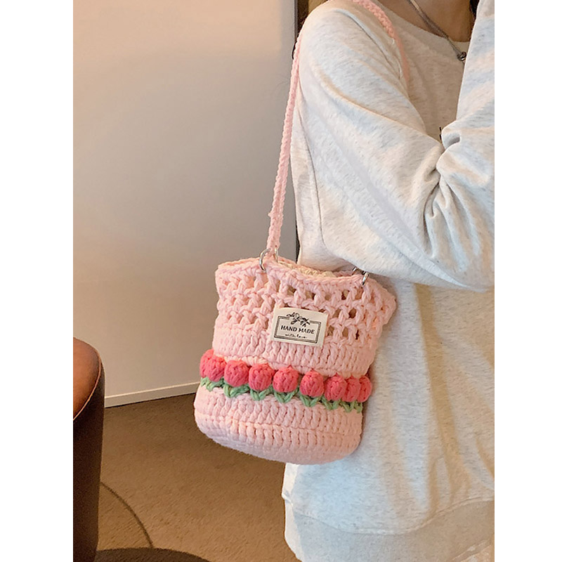 郁金香粉色针织包包成品小众设计2023新款夏天仙女腋下包水桶包潮 - 图0