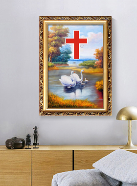 客厅装饰画欧式餐厅墙壁画十字架挂画玄关卧室风景画天鹅湖油画