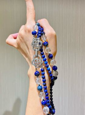 复古天然青金石白水晶设计感双层锁骨链项链毛衣链女