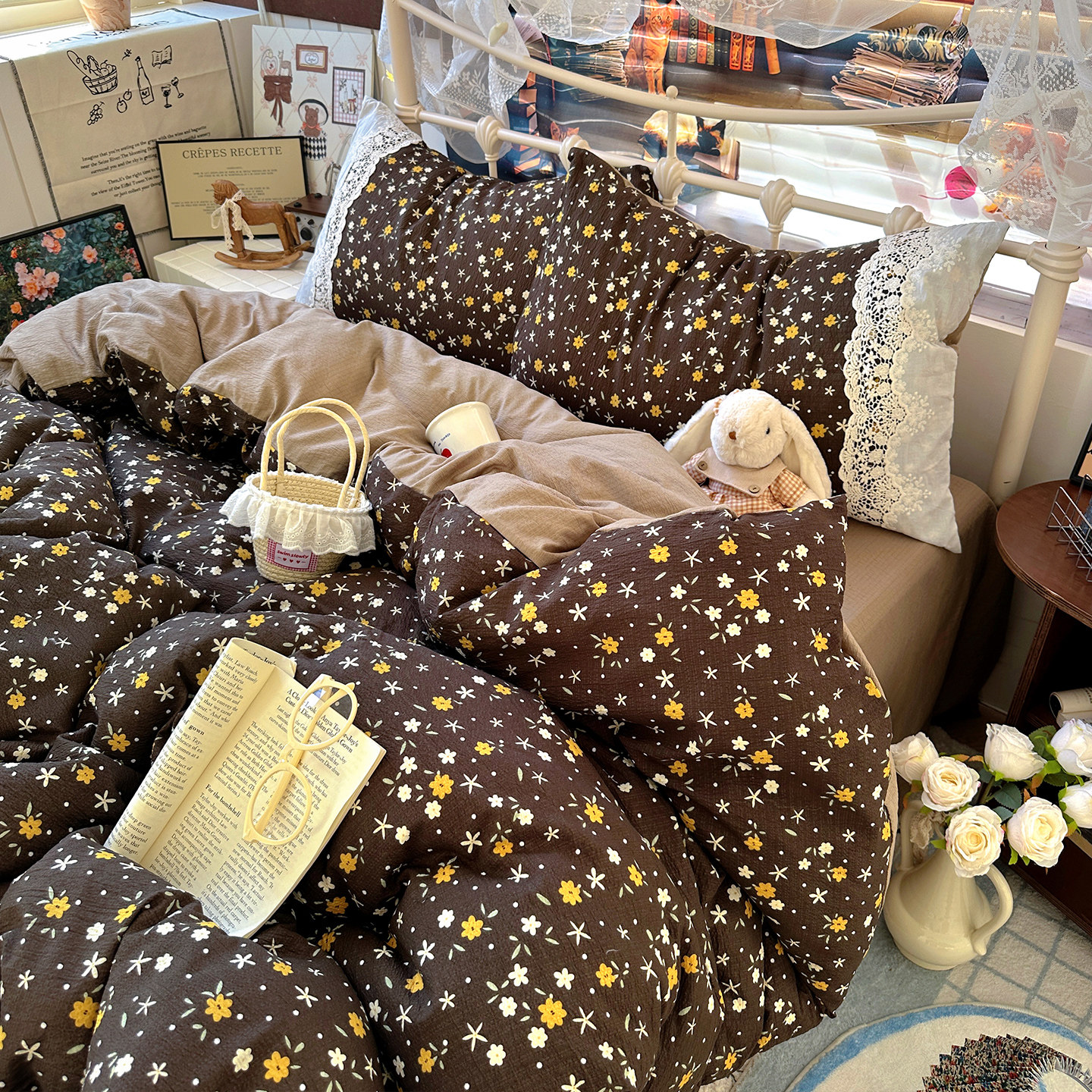 甜美复古风床上用品四件套纯棉全棉2025新款床单被套罩宿舍三件套