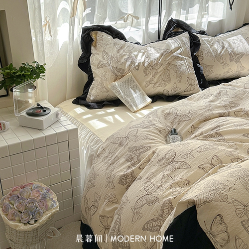 法式蝴蝶床上四件套纯棉全棉新款被罩床笠被套床品床单宿舍三件套 - 图1