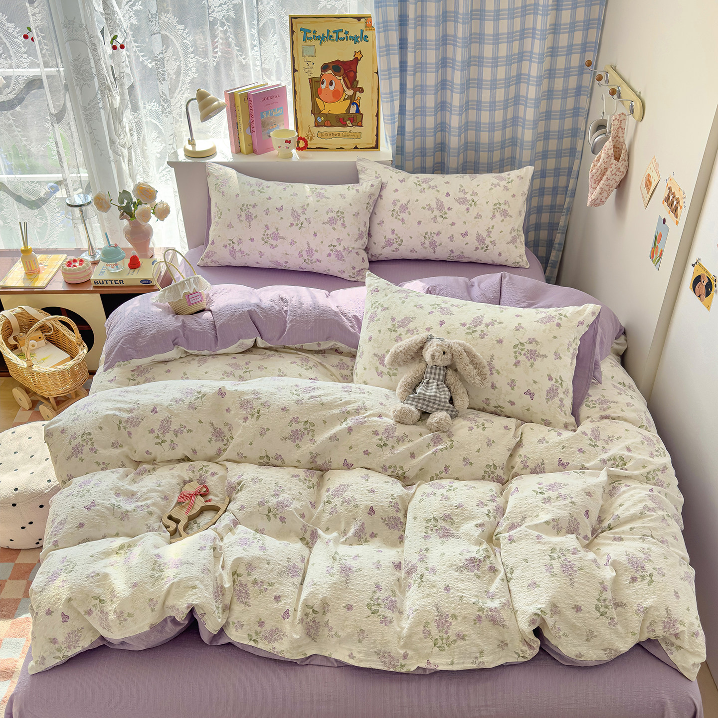 A类床上四件套双层纱2026新款纯棉全棉床单笠被套学生宿舍三件套4