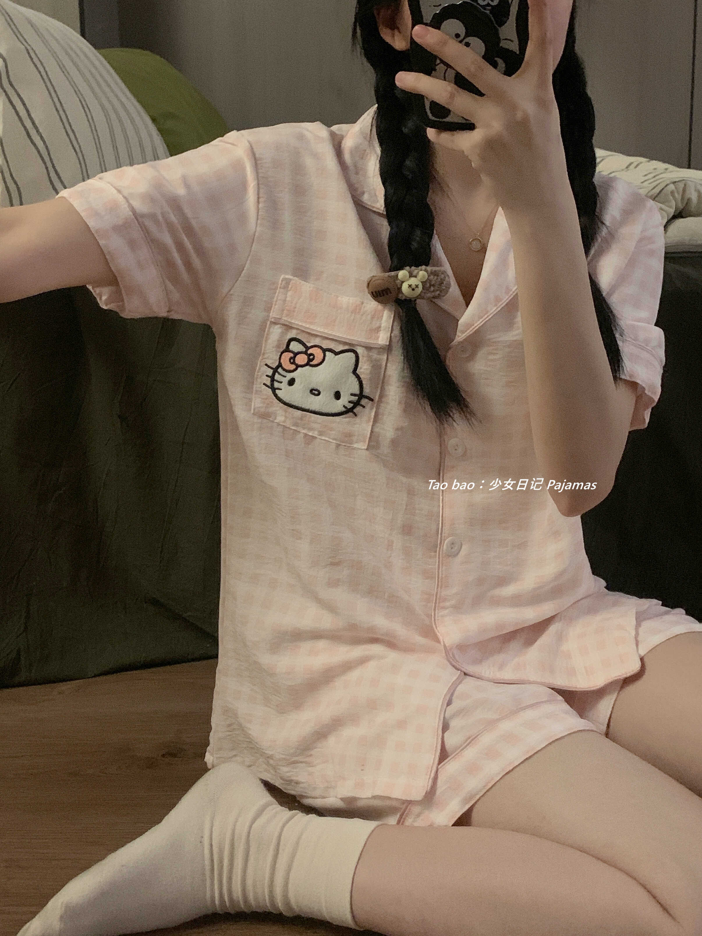 日系hellokitty睡衣女甜美少女格子凯蒂猫夏季2024新款家居服套装 - 图2