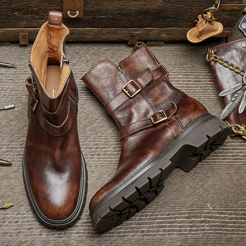 秋冬男式皮靴切尔西靴潮男真皮搭扣长靴英伦高筒靴男时尚厚底E235 - 图3