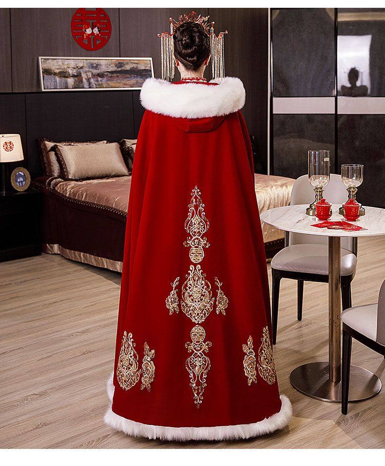 出租秀禾服披风冬季红色中式婚礼结婚毛披肩斗篷加厚毛领汉服披风,淘宝优惠券,粉丝福利购,淘宝优惠卷