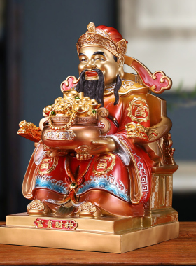 纯黄铜彩绘财神爷摆件家用客厅