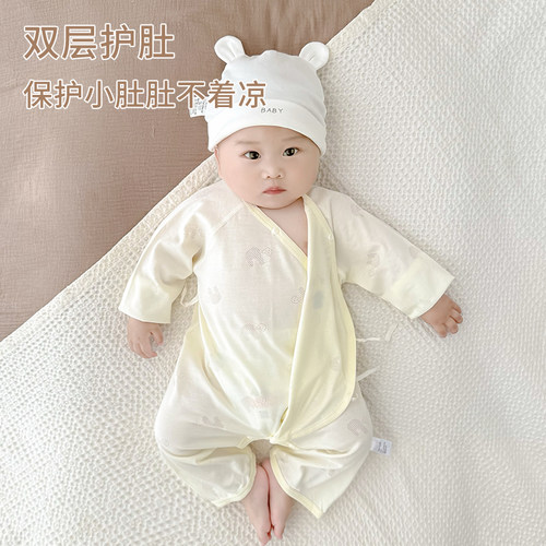 莫代尔婴儿衣服夏季薄款连体衣新生儿护肚系带睡衣夏天宝宝空调服 - 图1