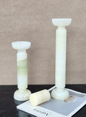 天然玉石圆柱蜡烛台别墅客厅摆件