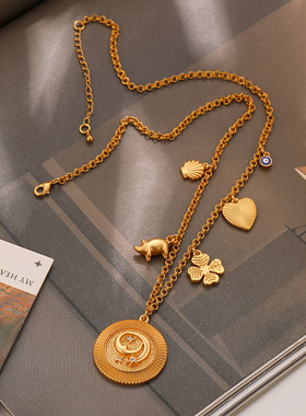 IceChic 法式复古星月项链女高级感轻奢四叶草中古毛衣链锁骨链