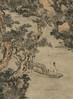 髡残垂杆图国画禅意山水画渔父图
