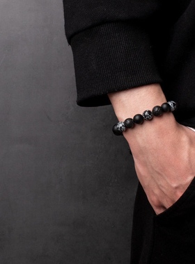 情侣手链简约学生韩版黑曜石火山石男网红复古雪花石手链闺蜜礼物