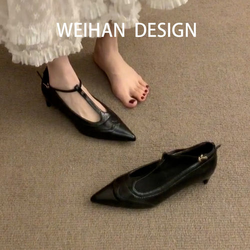羊皮版！复古气质尖头浅口小猫跟高跟鞋女T字带设计感镂空凉鞋 - 图3