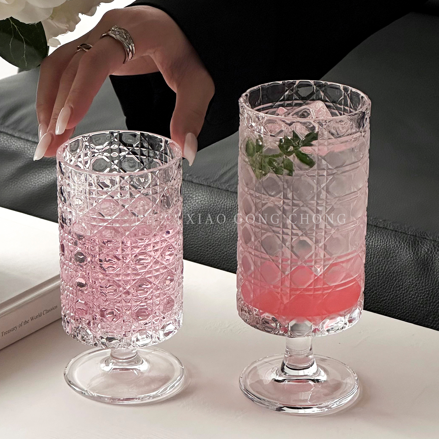 复古宝石纹高脚果汁杯家用高颜值玻璃杯冰美式咖啡杯饮料杯酒杯 - 图2