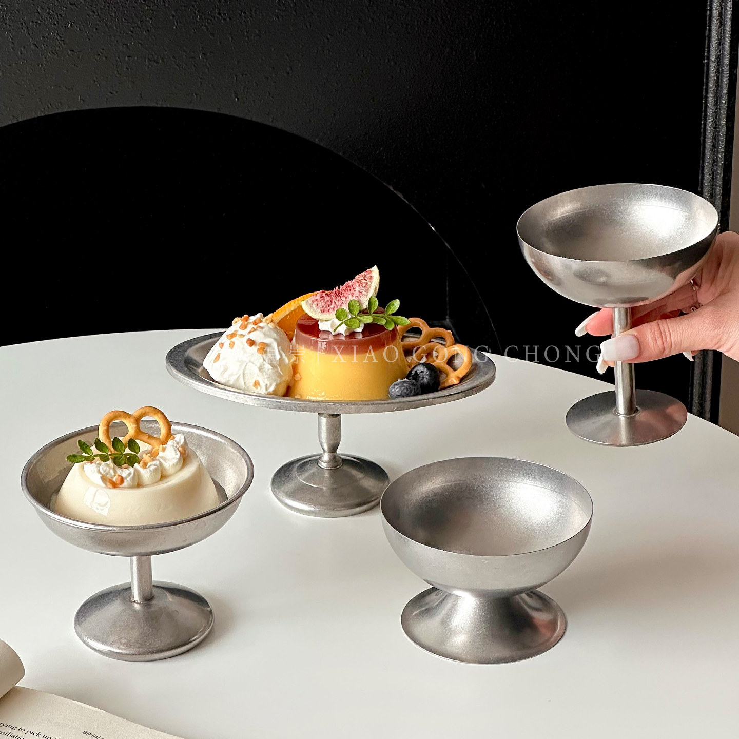 复古304不锈钢高脚甜品杯ins高颜值奶冻布丁碗水果碗雪糕冰淇淋碗