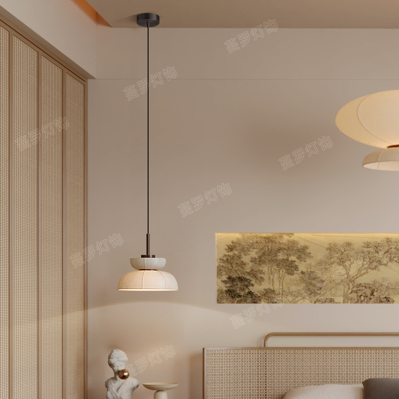 床头吊灯卧室吊线灯日式餐厅灯侘寂风屏风中古风设计师创意禅意灯 - 图2