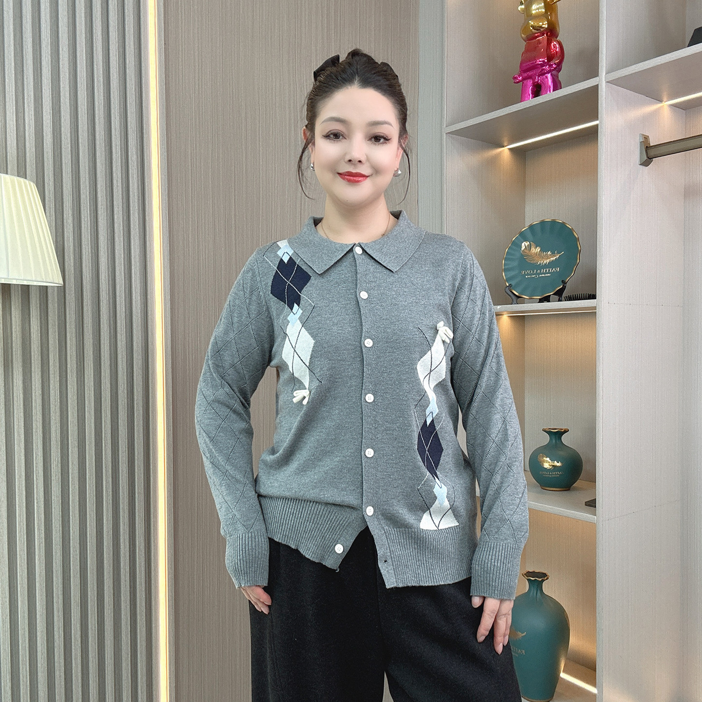 2026春季新款毛衣女大码胖mm秋冬休闲学院风拼接菱格针织开衫上衣,淘宝优惠券,粉丝福利购,淘宝优惠卷