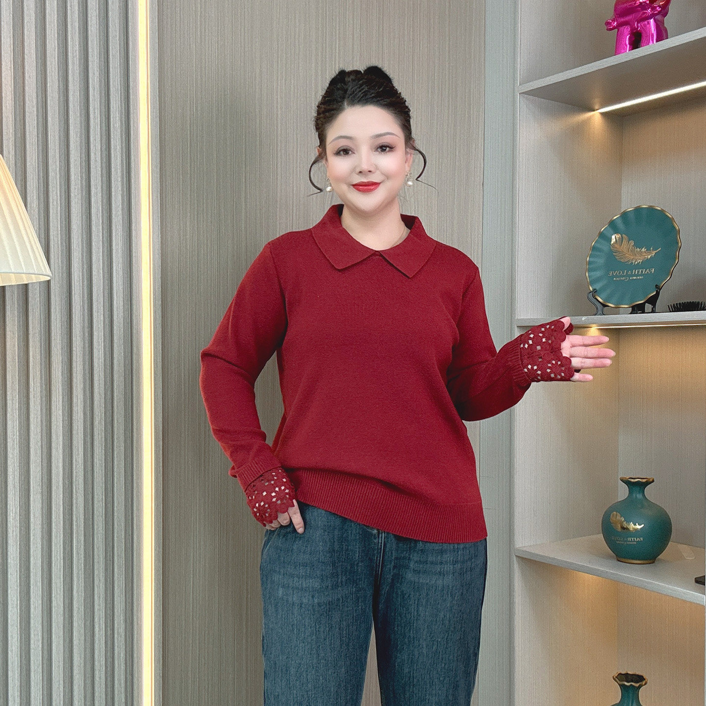 时尚娃娃领镂空针织打底衫女大码胖mm洋气减龄上衣秋冬季加厚毛衣,淘宝优惠券,粉丝福利购,淘宝优惠卷