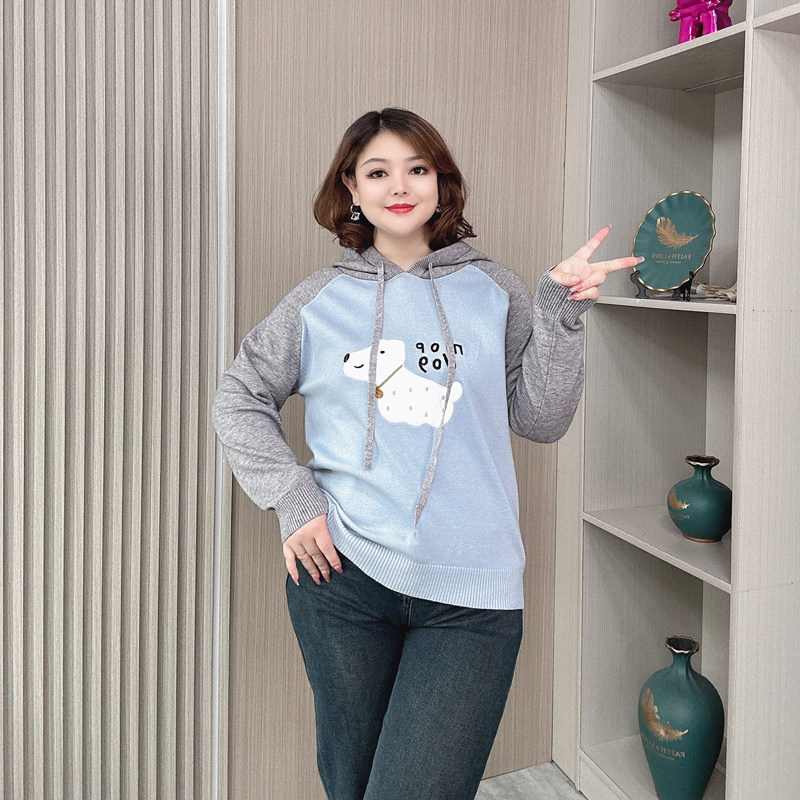 大码女装韩版抽绳拼色刺绣连帽针织衫女胖mm宽松显瘦遮肉软糯毛衣,淘宝优惠券,粉丝福利购,淘宝优惠卷