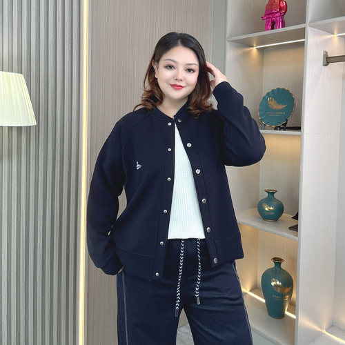 大码女装纯色棒球服外套春秋宽松时尚潮流减龄百搭长袖卫衣短外套 - 图0