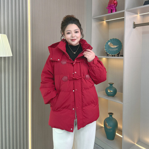 牛角扣白鸭连帽绒羽绒服女冬装大码胖mm260斤中长款气质保暖外套 - 图2