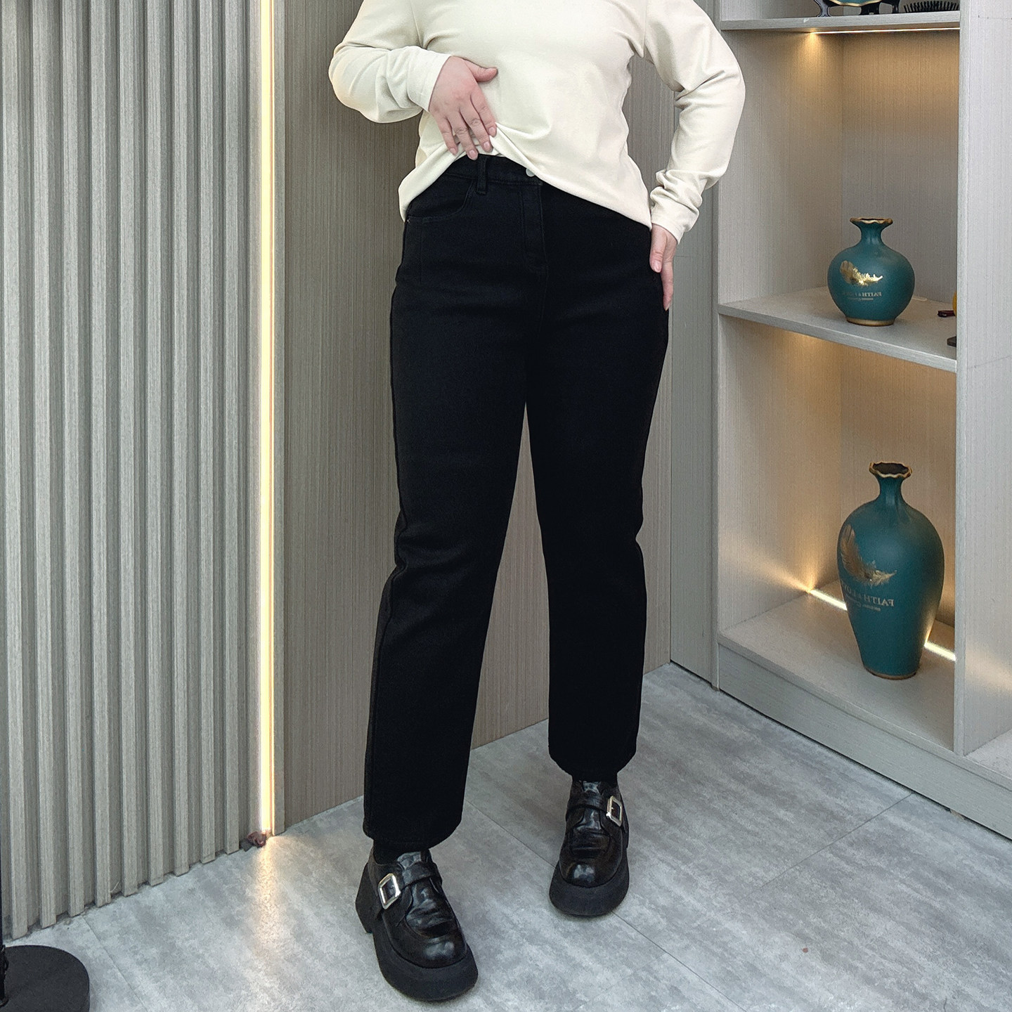 大码直筒牛仔裤女胖mm秋冬弹力显瘦高腰烟管裤梨型身材加绒九分裤 - 图0