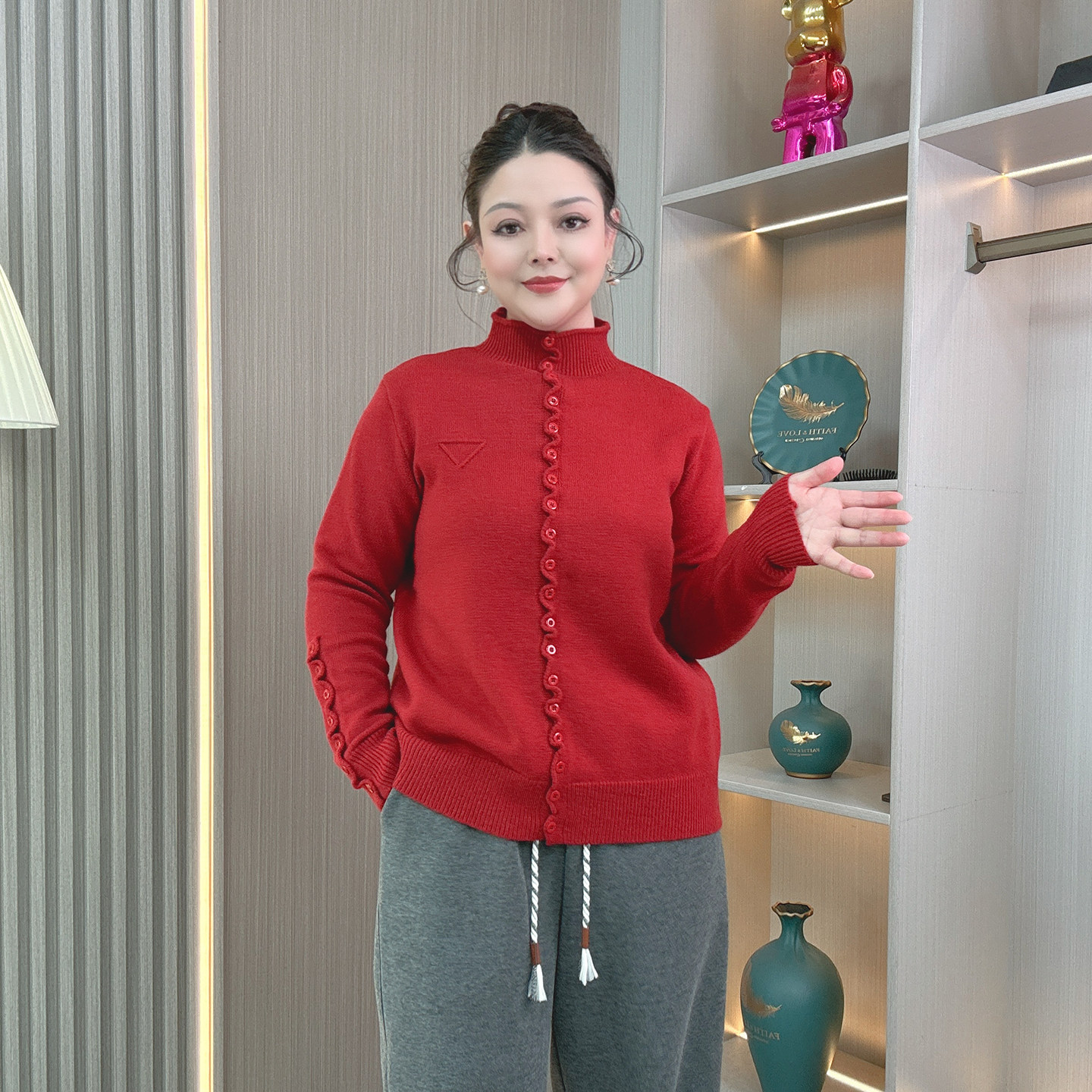 复古花边纽扣半高领纯色显瘦针织打底衫洋气大码女装上衣秋冬毛衣,淘宝优惠券,粉丝福利购,淘宝优惠卷