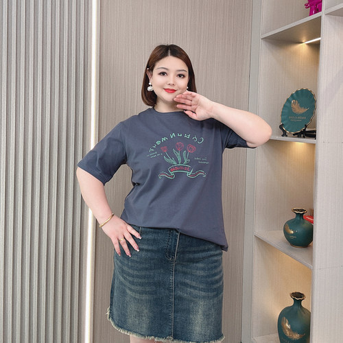 夏季大码女装正肩短袖T恤女胖mm宽松显瘦遮肚子休闲洋气印花上衣 - 图0