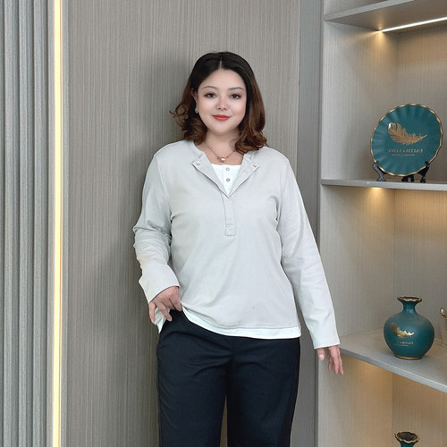 大码早秋假两件长袖t恤女春秋装胖mm时尚百搭简约宽松打底衫上衣 - 图2
