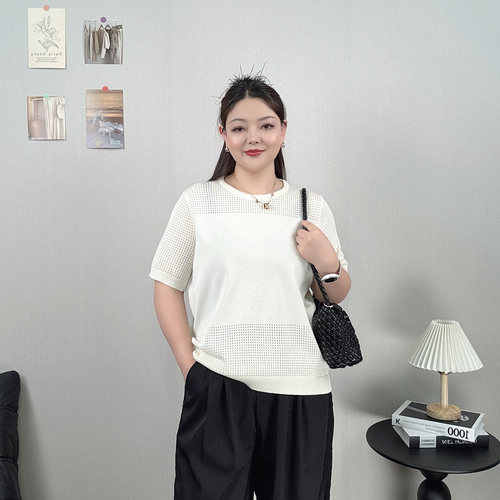 镂空短袖针织衫女大码夏季黑色正肩T恤宽松显瘦圆领休闲冰丝上衣 - 图1