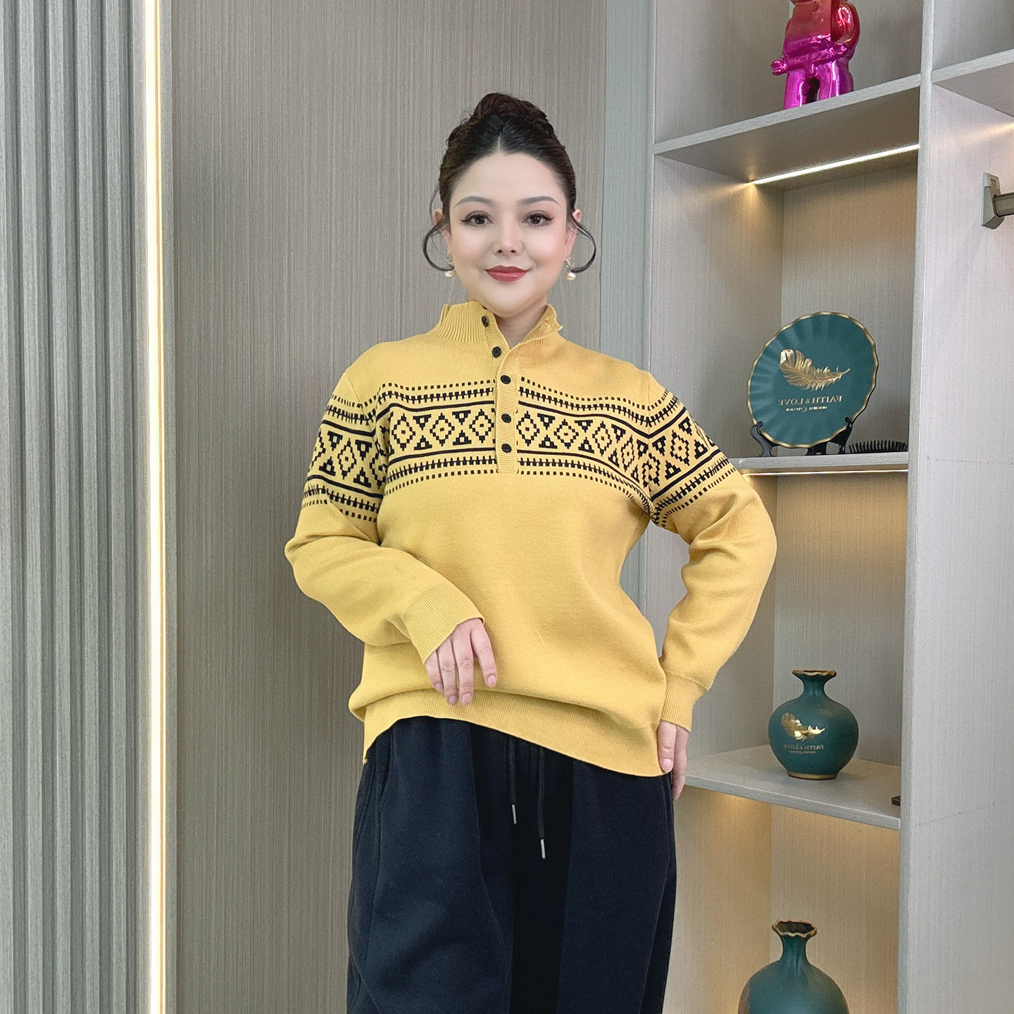 大码女装秋冬费尔岛提花设计感亲肤保暖半高领套头内搭毛衣针织衫,淘宝优惠券,粉丝福利购,淘宝优惠卷