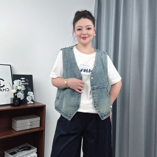 春夏装新款牛仔马甲女大码韩版复古无袖背心显瘦百搭坎肩外搭外套 - 图1