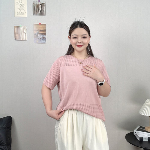 镂空短袖针织衫女大码夏季黑色正肩T恤宽松显瘦圆领休闲冰丝上衣 - 图0