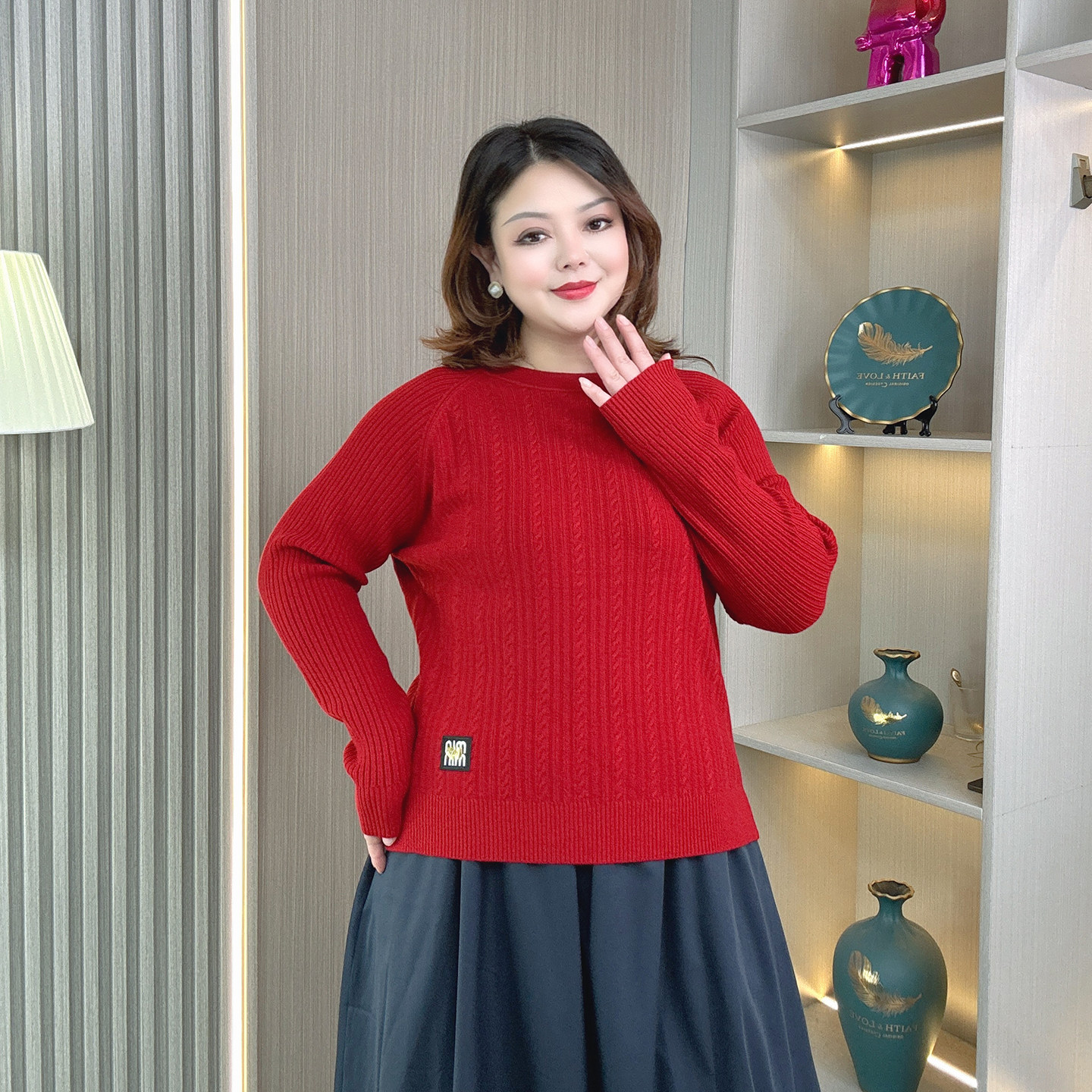 胖mm宽松遮肉显瘦圆领提花针织衫上衣女秋冬大码减龄长袖内搭毛衣,淘宝优惠券,粉丝福利购,淘宝优惠卷