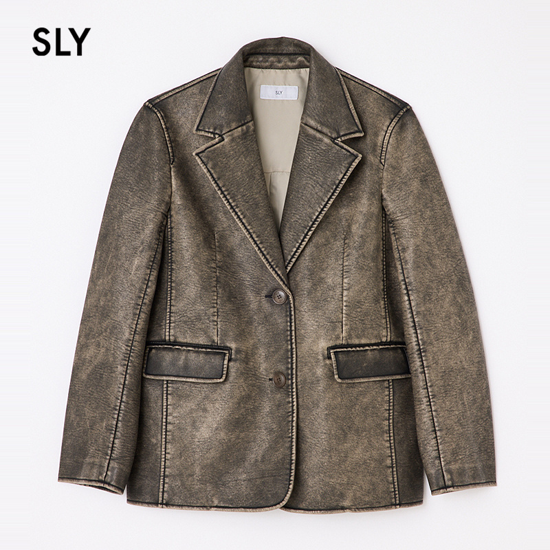 SLY 2025外夏季新品港风做旧擦色PU皮廓形西装外套030ISZ30-0241 - 图3