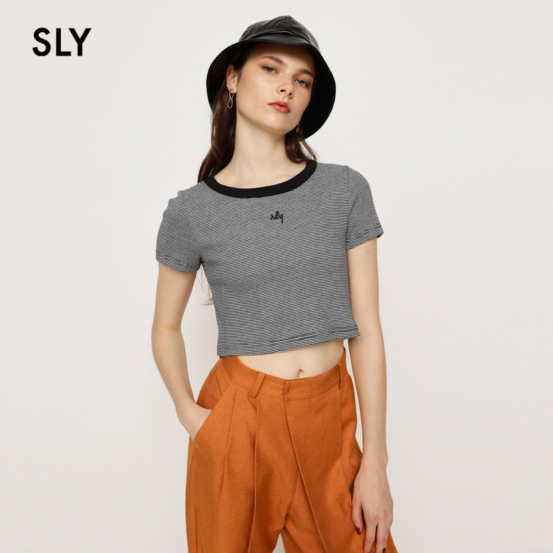 SLY 夏季新品LOGO刺绣条纹小版型修身短款T恤女030GAR90-4690 - 图0