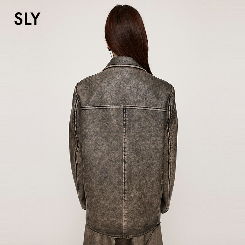 SLY 2025外夏季新品港风做旧擦色PU皮廓形西装外套030ISZ30-0241 - 图2