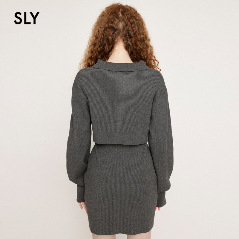 SLY 新品纯色简约欧美风两件套短款纯色针织连衣裙030HSM73-0210 - 图1