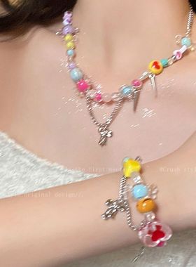 甜妹度假多巴胺彩色串珠爱心吊坠项链甜美可爱少女锁骨链颈链