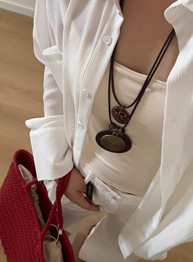 新中式长款古铜螺纹圆盘项链女复古民族风装饰锁骨链波西米亚配饰