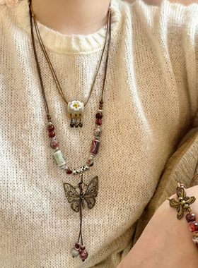 波西米亚异域民族风蝴蝶项链女新中式复古长款吊坠毛衣链挂脖配饰