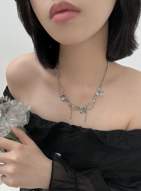 夏季湖蓝色液态蝴蝶项链轻奢小众设计感高级潮新款女ins镀银饰品