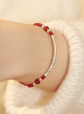 竹悦上岸考研高考本命年红绳手链女纯银竹节编织好运手绳情侣礼物