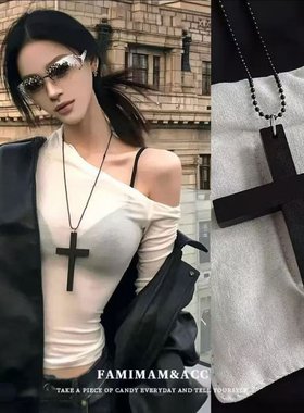 超大号木质十字架项链复古暗黑哥特风长款y2k亚比文化毛衣链简约