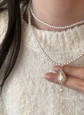 温柔双层珍珠水滴锁骨链百搭