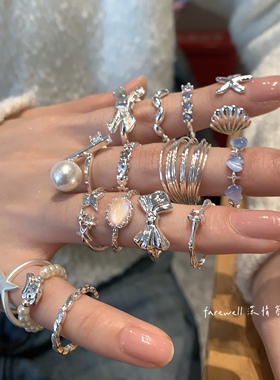 店主推荐～银色叠戴戒指女 小众设计海洋风开口可调节显手细戒指